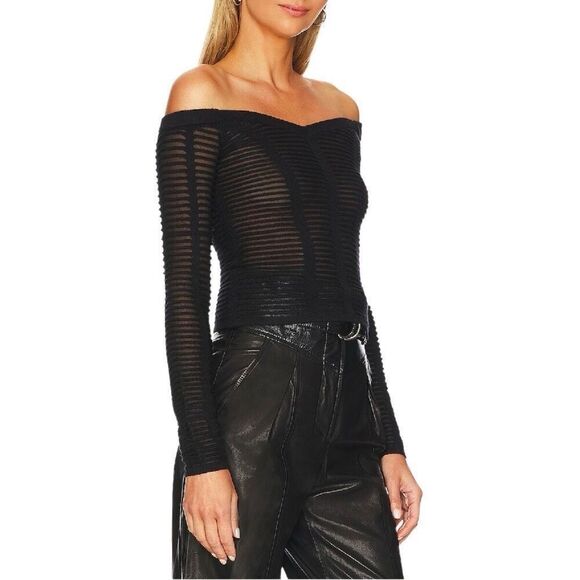 Revolve NBD Amity Layered Mesh Off Shoulder Knit Top Long Sleeve Women XS Black - Picture 2 of 9